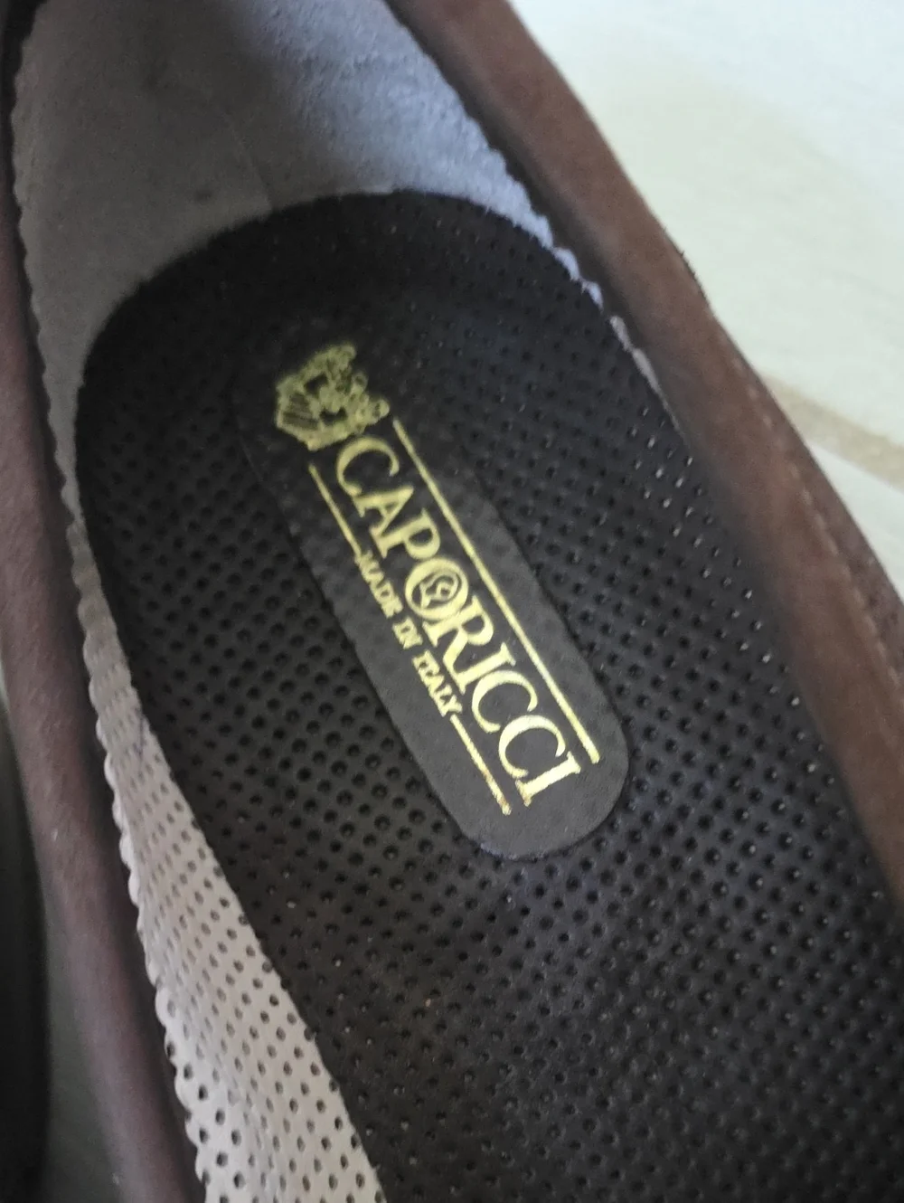 Caporicci dark brown perforated suede horsebit loafers handcrafted in Italy.